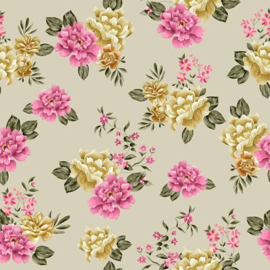 Watercolor flowers pattern, pink and yellow tropical elements, green leaves, yellow background, seamless