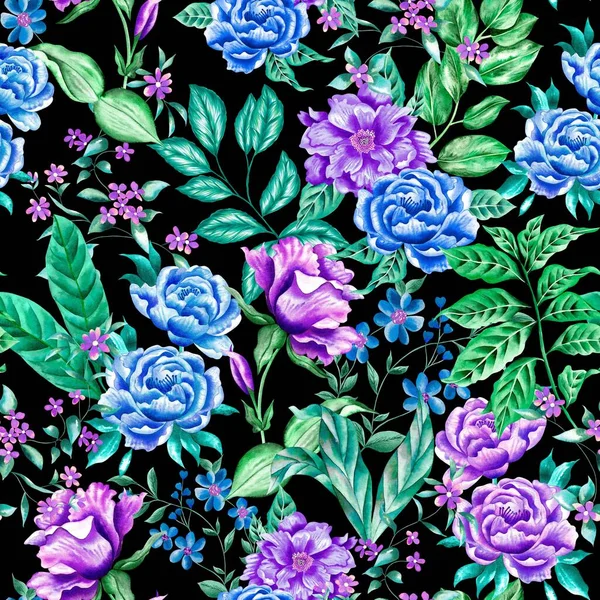 Watercolor flowers pattern, purple and blue tropical elements, green leaves, black background, seamless