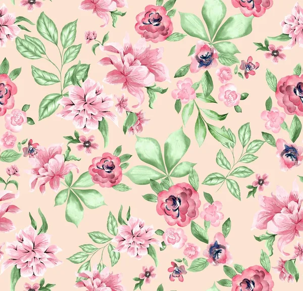 Watercolor Flowers Pattern Pink Tropical Elements Green Leaves Golden Background — Stok fotoğraf