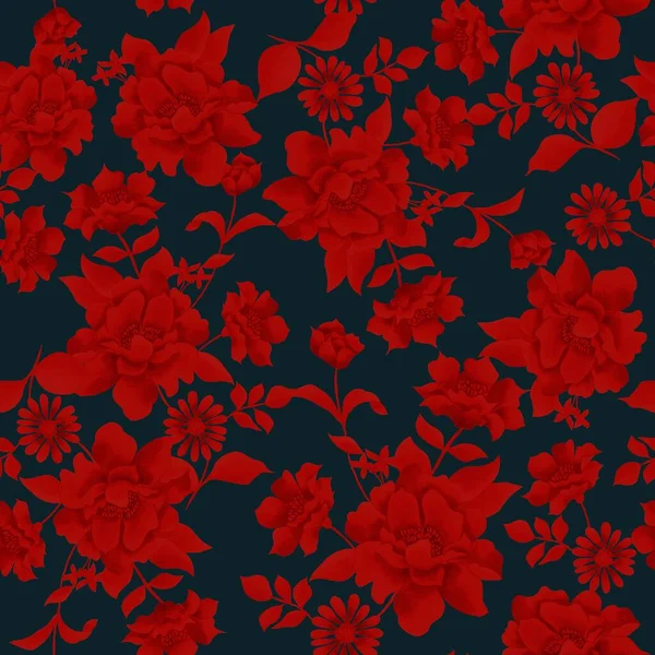 水彩花图案 红色热带元素 黑色背景 — 图库照片