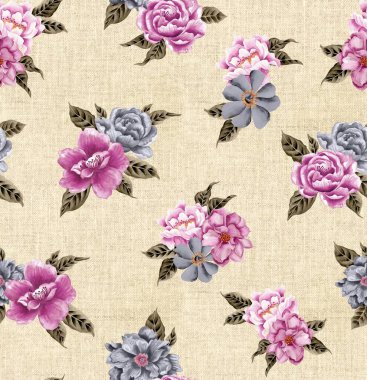 Watercolor flowers pattern, purple and blue tropical elements, green leaves, yellow background, seamless