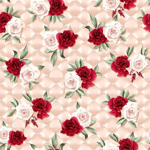 Akvarell Virágok Minta Vörös Fehér Rózsa Zöld Levelek Arany Háttér — Stock Fotó