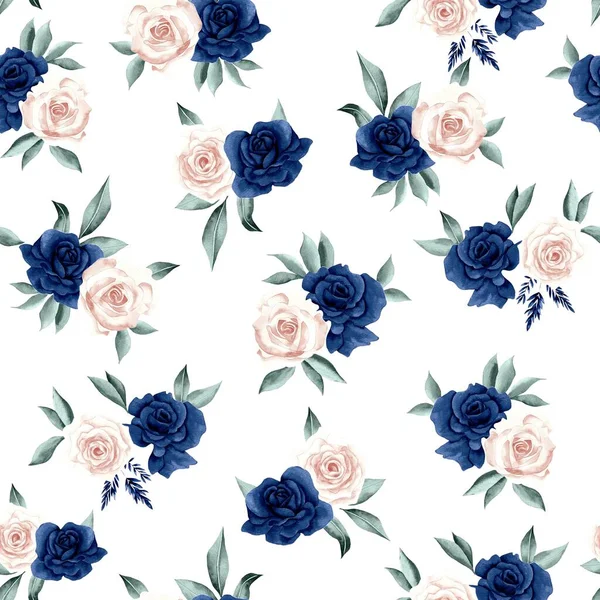 Aquarell Blumenmuster Blaue Und Weiße Rosen Grüne Blätter Weißer Hintergrund — Stockfoto