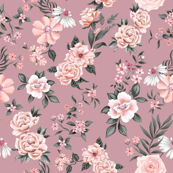 Akvarell Blommor Mönster Gyllene Rosor Gröna Blad Mjuk Rosa Bakgrund — Stockfoto