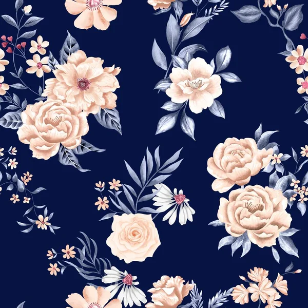 Akvarell Blommor Mönster Vita Tropiska Element Blå Blad Marinblå Bakgrund — Stockfoto