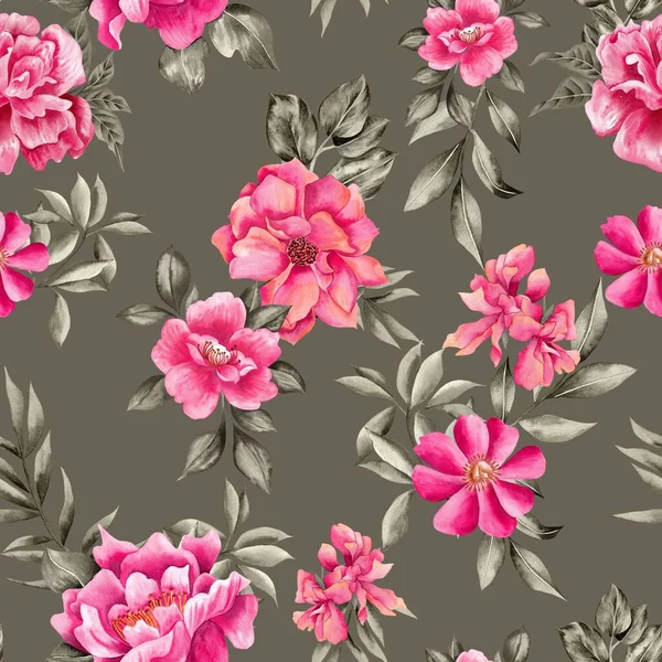 Watercolor Flowers Pattern Pink Tropical Elements Green Leaves Green Background — Stok fotoğraf