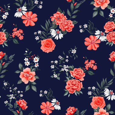 Watercolor flowers pattern, red tropical elements, green leaves, navy blue background, seamless
