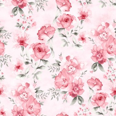 Watercolor flowers pattern, pink tropical elements, green leaves, pink background, seamless