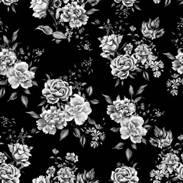 Watercolor flowers pattern, black and white tropical elements, black leaves, black background, seamless