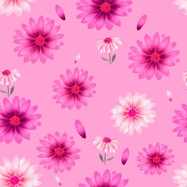 Watercolor Barbie flowers pattern, pink romantic roses, leaves, pink background, seamless