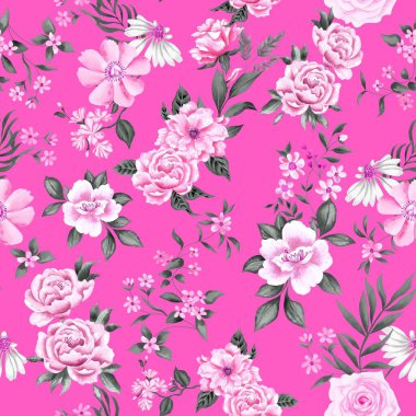 Watercolor Barbie flowers pattern, pink romantic roses, leaves, pink background, seamless