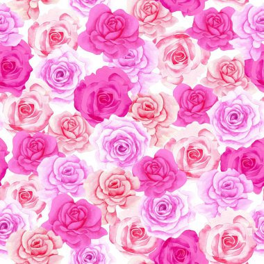 Watercolor Barbie flowers pattern, pink romantic roses, leaves, pink background, seamless