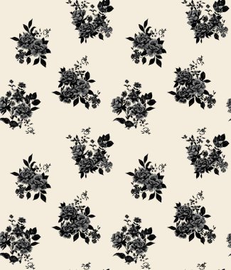 Suluboya çiçek deseni, siyah tropikal elementler, siyah yapraklar, beyaz arka plan, pürüzsüz