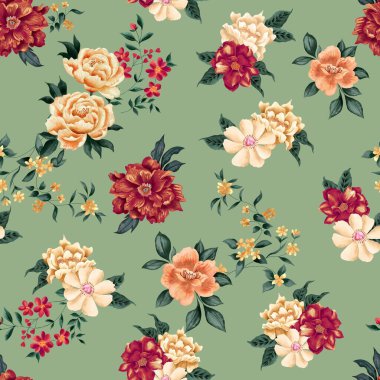 Watercolor flowers pattern, red and yellow tropical elements, green leaves, green background, seamless