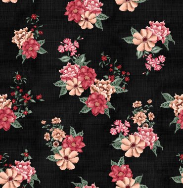 Watercolor flowers pattern, red and yellow tropical elements, green leaves, black background, seamless