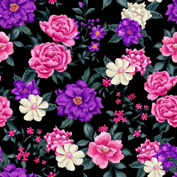 Watercolor flowers pattern, pink and purple tropical elements, green leaves, black background, seamless