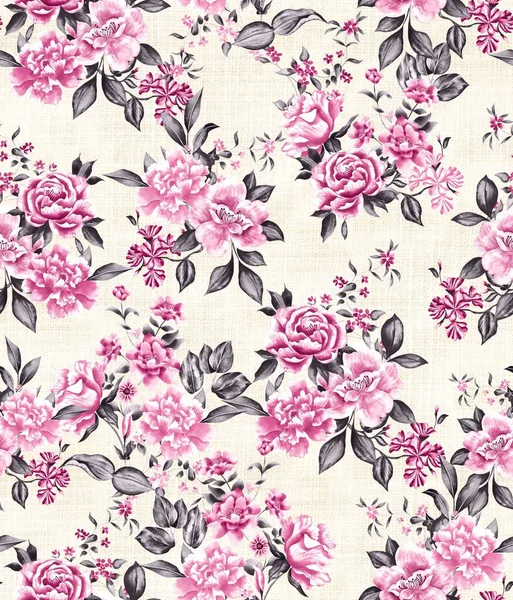 Watercolor Flowers Pattern Pink Tropical Elements Gray Leaves White Background — Stockfoto