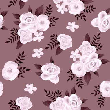 Watercolor flowers pattern, white tropical elements, brown leaves, brown background, seamless