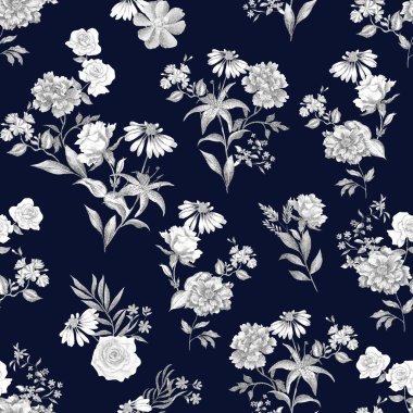 Watercolor flowers pattern, black and white tropical elements, green leaves, navy blue background, seamless