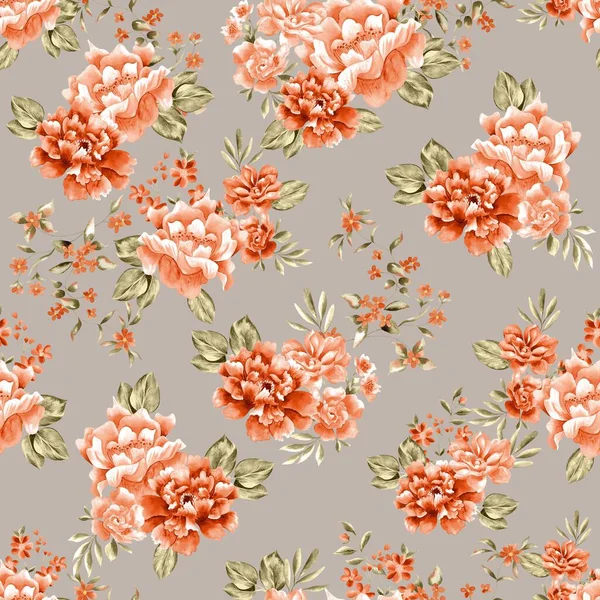 Watercolor Flowers Pattern Orange Tropical Elements Green Leaves Gray Background — Stockfoto
