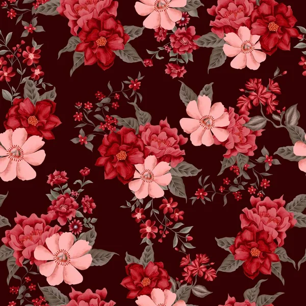 水彩花パターン 赤い熱帯要素 茶色の葉 濃い赤い背景 シームレス — ストック写真