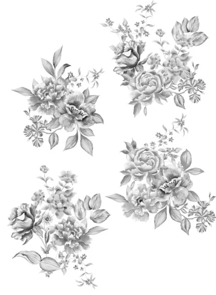 Watercolor Flowers Pattern Black White Tropical Elements Leaves White Background — Stock Photo, Image