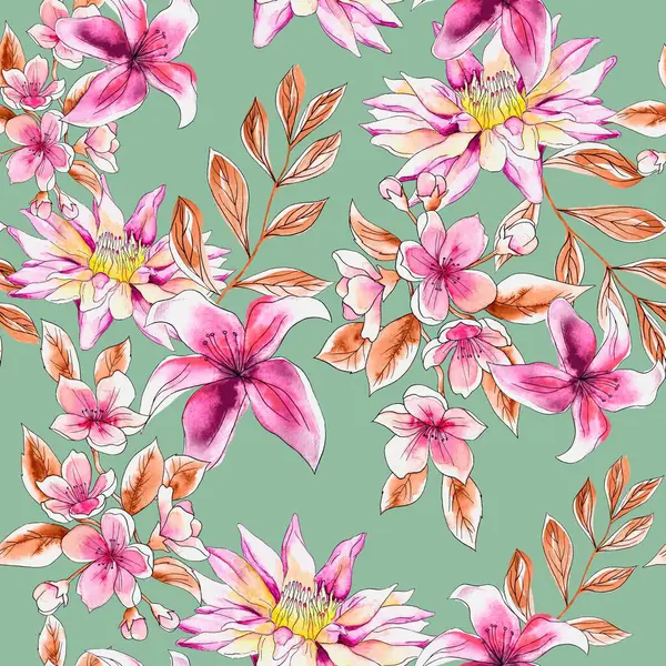 Watercolor Flowers Pattern Pink Tropical Elements Gold Leaves Green Background — Stock Photo, Image