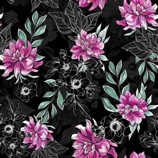 Watercolor Flowers Pattern Purple Tropical Elements Green Leaves Black Background — Stok fotoğraf