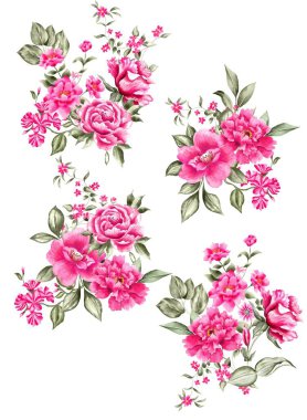 Watercolor Bouquet of flowers, isolated, white background, pink roses and green leaves