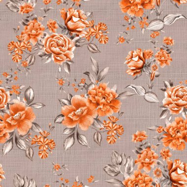 Suluboya çiçek deseni, turuncu tropikal elementler, grat yaprakları, altın arka plan, pürüzsüz