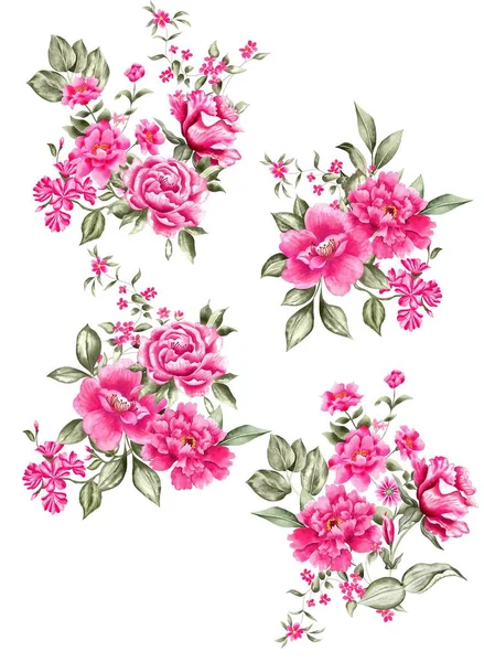 Акварель Букет Квітів Ізольований Білий Фон Рожеві Троянди Зелене Листя — стокове фото