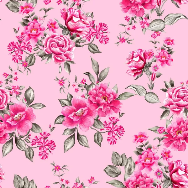 Watercolor Flowers Pattern Pink Tropical Elements Green Leaves Pink Background — Zdjęcie stockowe