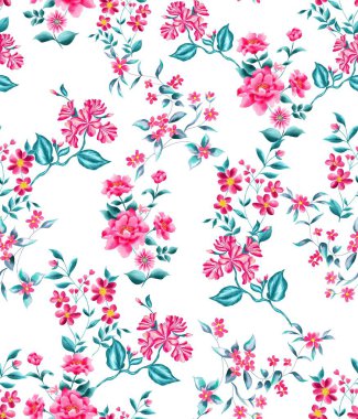 Watercolor flowers pattern, pink tropical elements, green leaves, white background, seamless