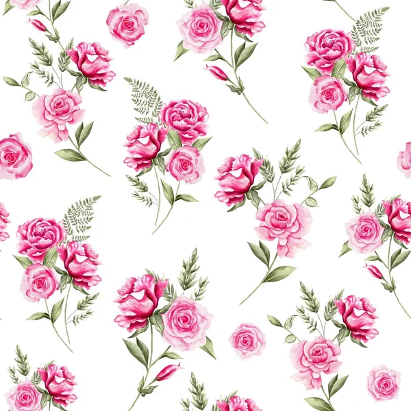 Waterkleur Bloemen Patroon Roze Rozen Groene Bladeren Witte Achtergrond Naadloze — Stockfoto