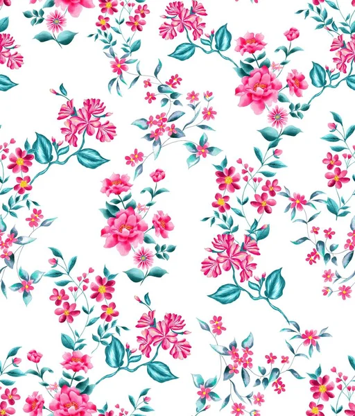 Watercolor Flowers Pattern Pink Tropical Elements Green Leaves White Background — Stockfoto