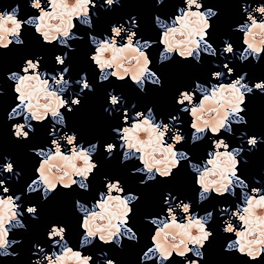 Suluboya çiçek deseni, beyaz tropikal elementler, mavi yapraklar, siyah arkaplan, pürüzsüz