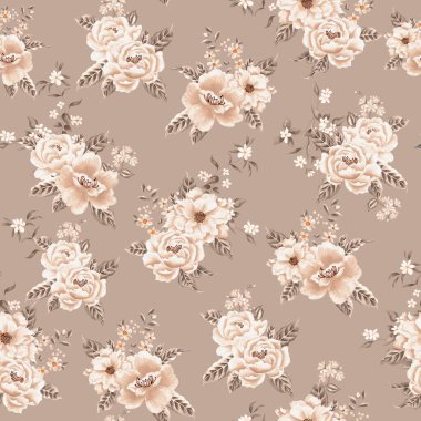 Suluboya çiçek deseni, beyaz tropikal elementler, kahverengi yapraklar, altın arka plan, pürüzsüz