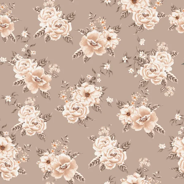 Suluboya çiçek deseni, beyaz tropikal elementler, kahverengi yapraklar, altın arka plan, pürüzsüz