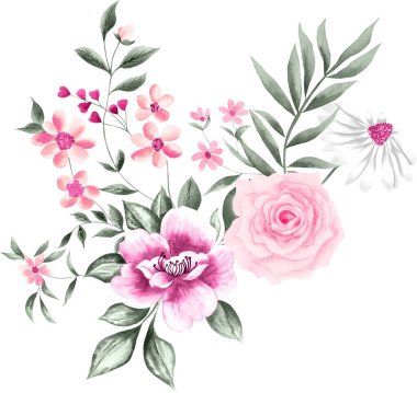 Watercolor Bouquet of flowers, isolated, white background, pink roses and green leaves