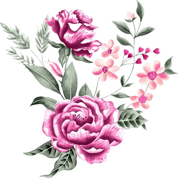 Watercolor Bouquet Flowers Isolated White Background Pink Roses Green Leaves — Stock Photo, Image