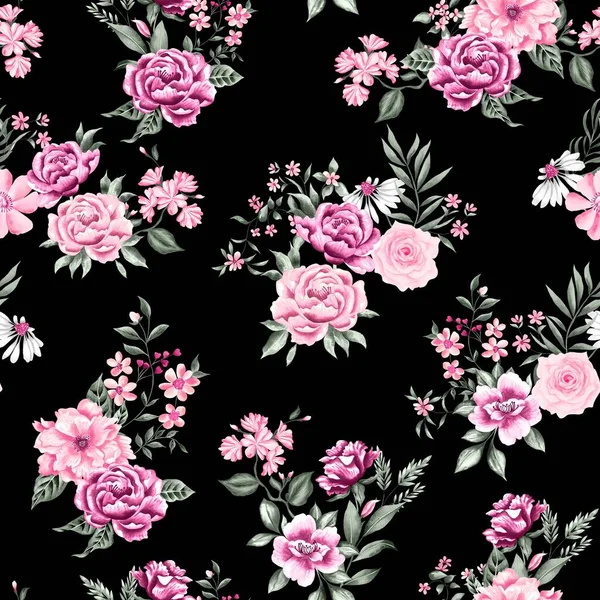 Watercolor Flowers Pattern Pink Bouquets Roses Green Leaves Black Background — Stock Photo, Image