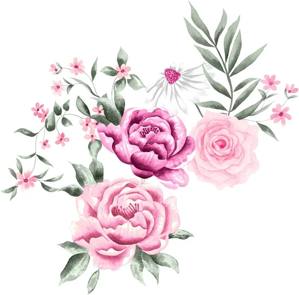 Watercolor Bouquet of flowers, isolated, white background, pink roses and green leaves