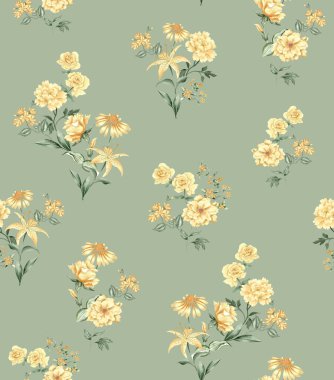 Suluboya çiçek deseni, sarı tropikal elementler, yeşil yapraklar, yeşil zemin, pürüzsüz