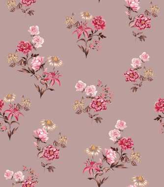 Suluboya çiçek deseni, kırmızı tropikal elementler, kahverengi yapraklar, altın arka plan, pürüzsüz