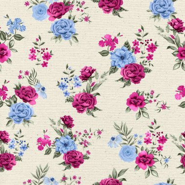 Watercolor flowers pattern, pink and blue tropical elements, green leaves, white background, seamless