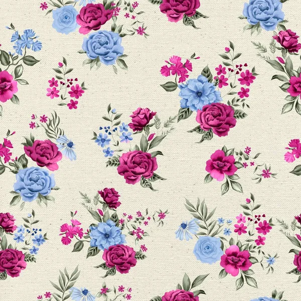 Watercolor flowers pattern, pink and blue tropical elements, green leaves, white background, seamless