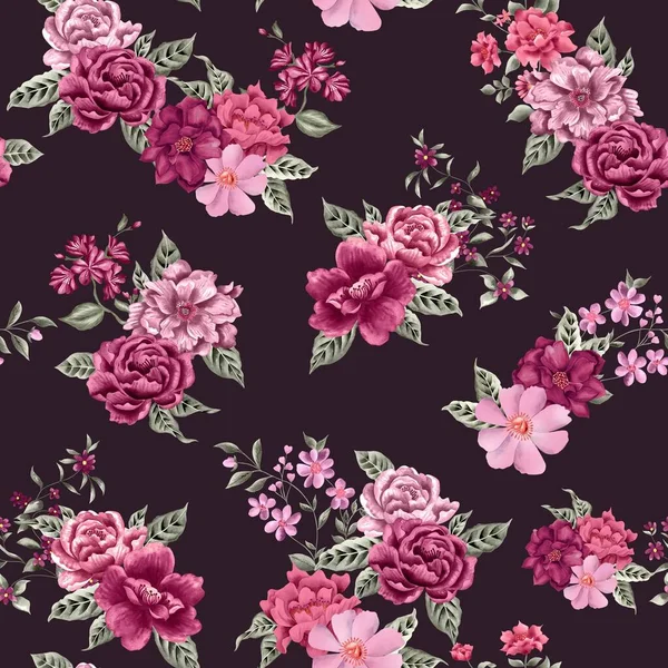 Aquarel Bloemen Patroon Roze Romantische Rozen Groene Bladeren Zwarte Achtergrond — Stockfoto