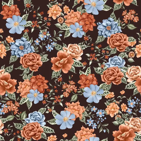 水彩花パターン オレンジと青のロマンチックなバラ 緑の葉 茶色の背景 シームレス — ストック写真