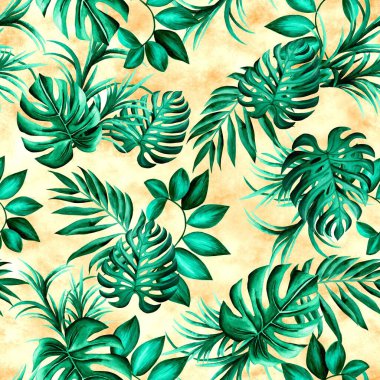 Watercolor leaves pattern, green foliage, yellow background, seamless