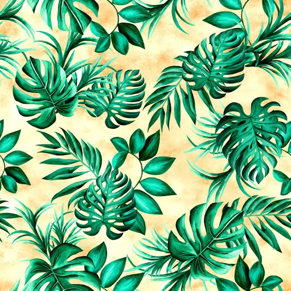 Watercolor Leaves Pattern Green Foliage Yellow Background Seamless — Stock Photo, Image